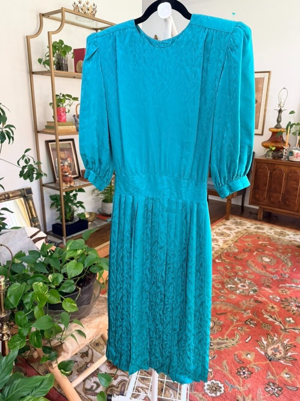 Argenti Silk Jacquard Teal 1980s Dress